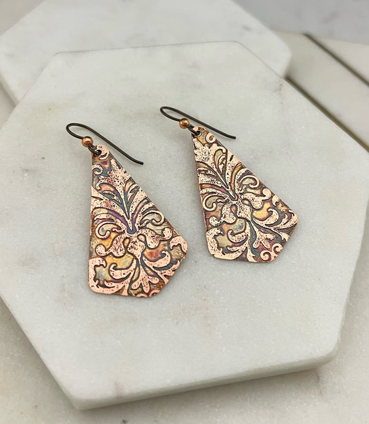 Acid etched copper earrings
