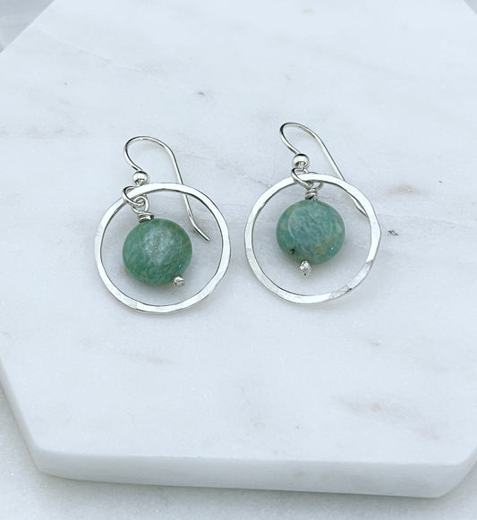 Sterling silver hoop earrings with amazonite gemstones