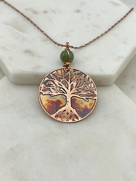 Copper and jade rooted tree necklace