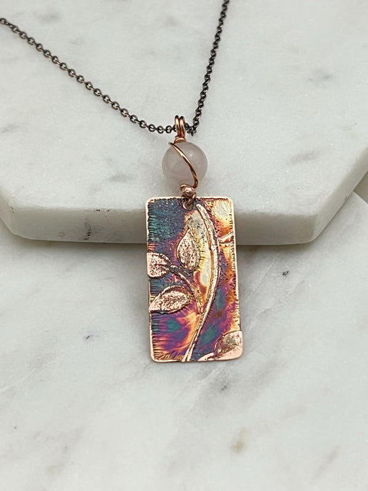 Acid etched copper leaf necklace with rose quarts gemstone