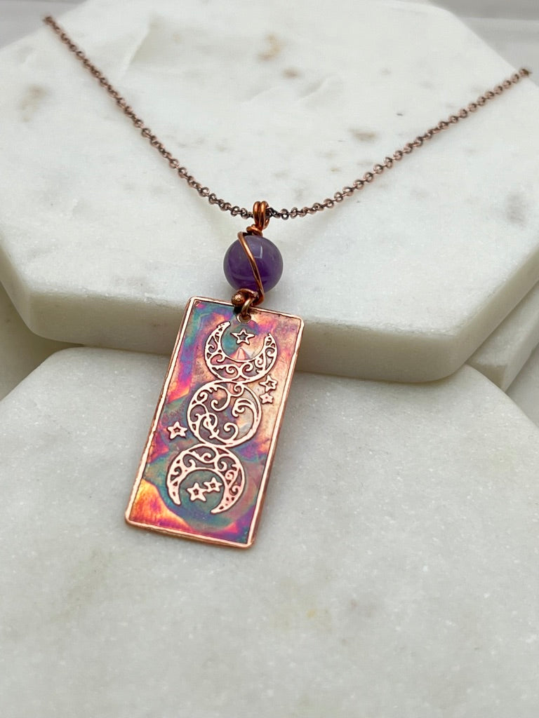 Acid etched copper and amethyst triple moon necklace