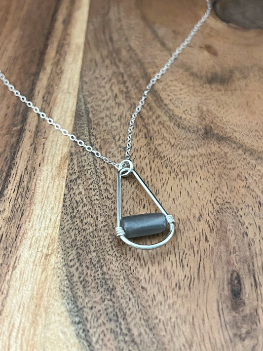 Sterling silver teardrop hoop necklace with grey moonstone