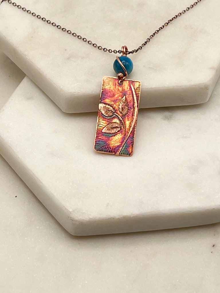 Acid etched copper leaf necklace with apatite gemstone