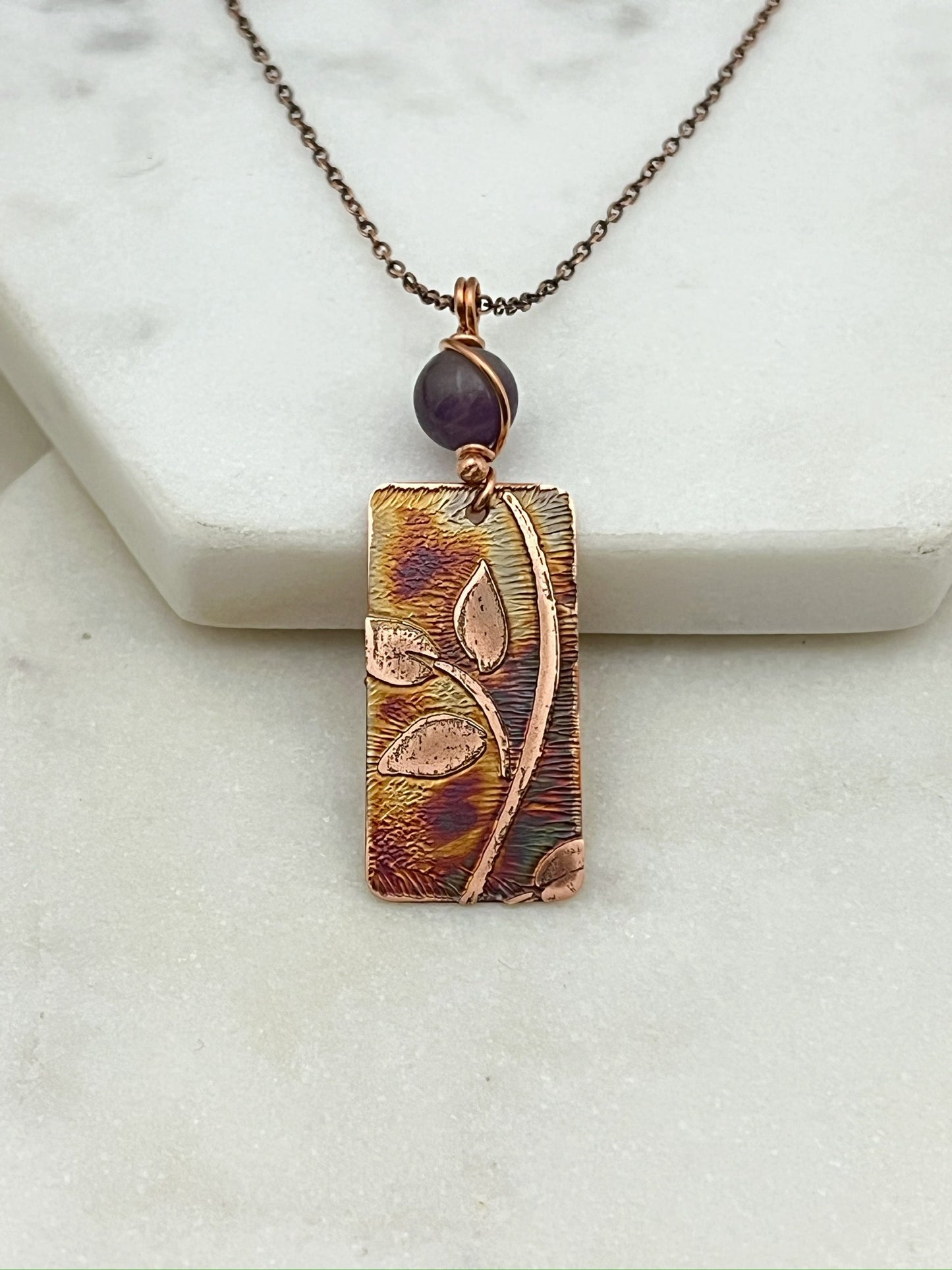 Acid etched copper leaf necklace with amethyst gemstone