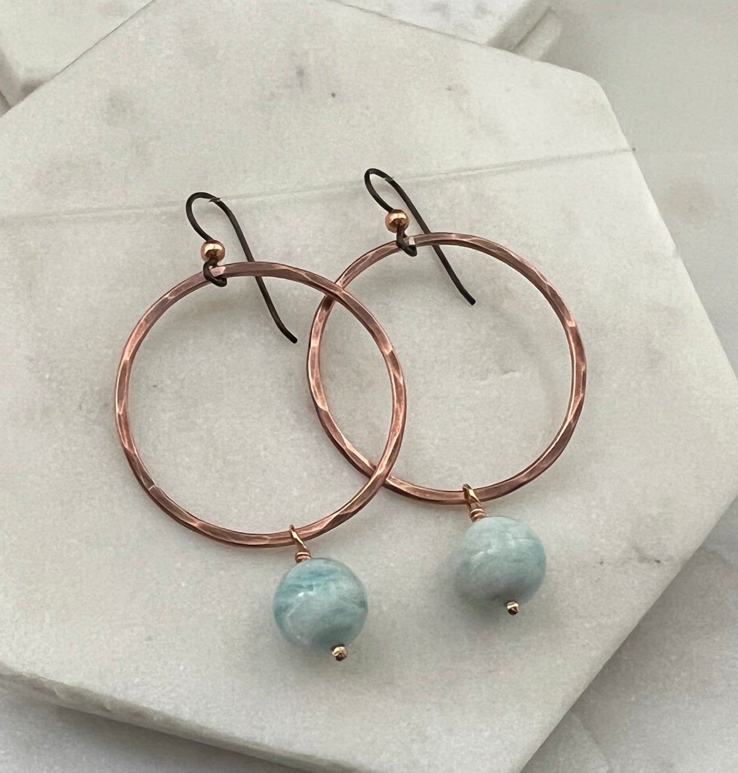 Copper hoops with aquamarine gemstones