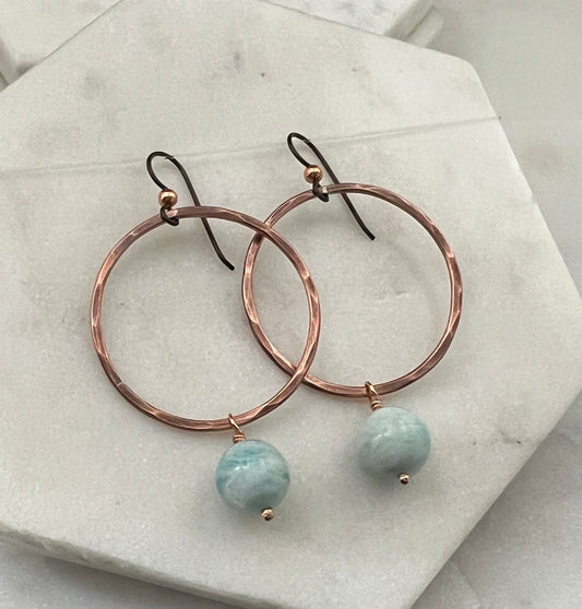 Copper hoops with aquamarine gemstones