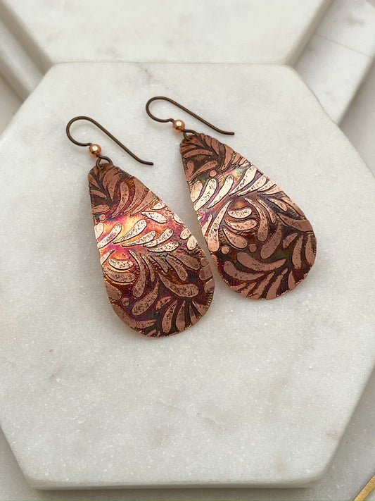 Large acid etched copper teardrop earrings