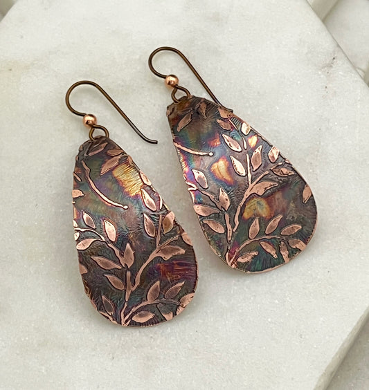 Large acid etched copper teardrop earrings