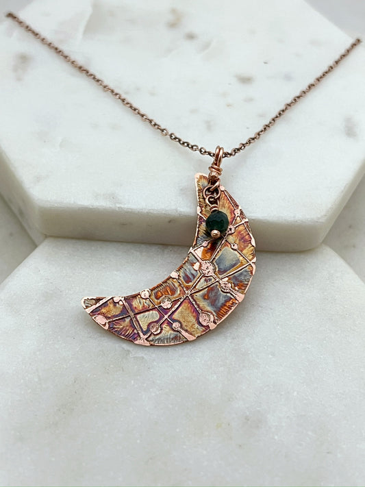 Acid etched copper crescent necklace with India agate gemstone