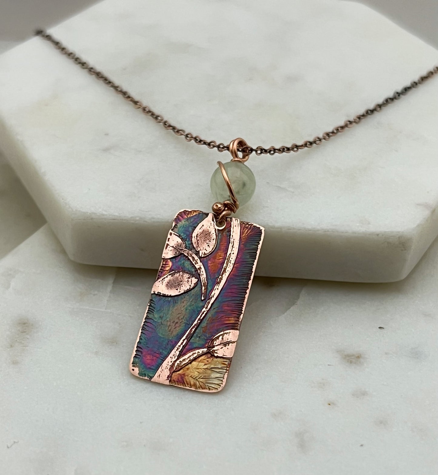 Acid etched copper leaf necklace with prehnite gemstone