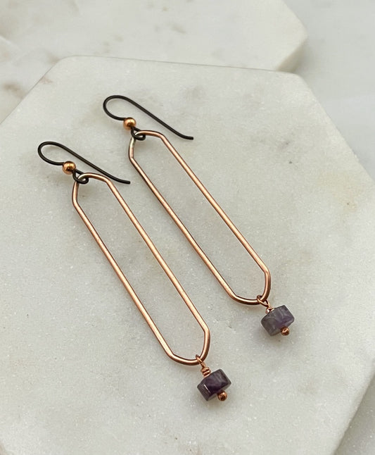 Copper oval hoops with amethyst gemstones