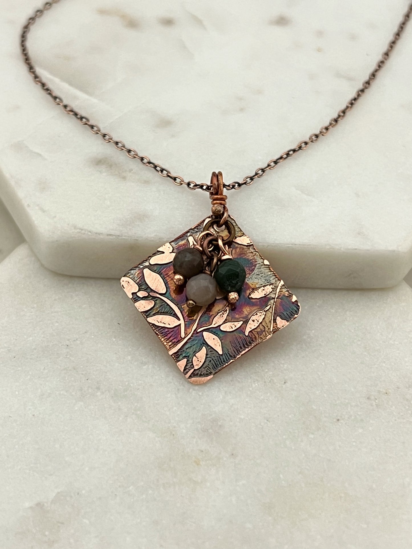 Acid etched copper necklace with india agate gemstones