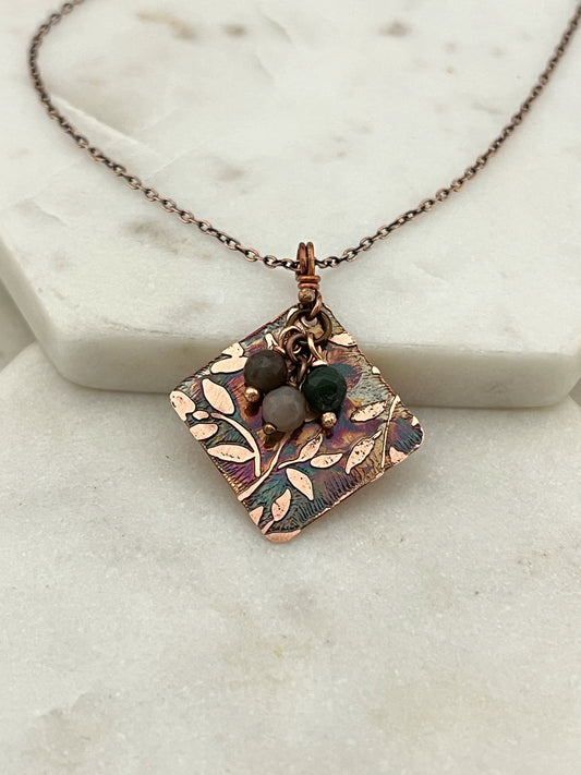 Acid etched copper necklace with india agate gemstones