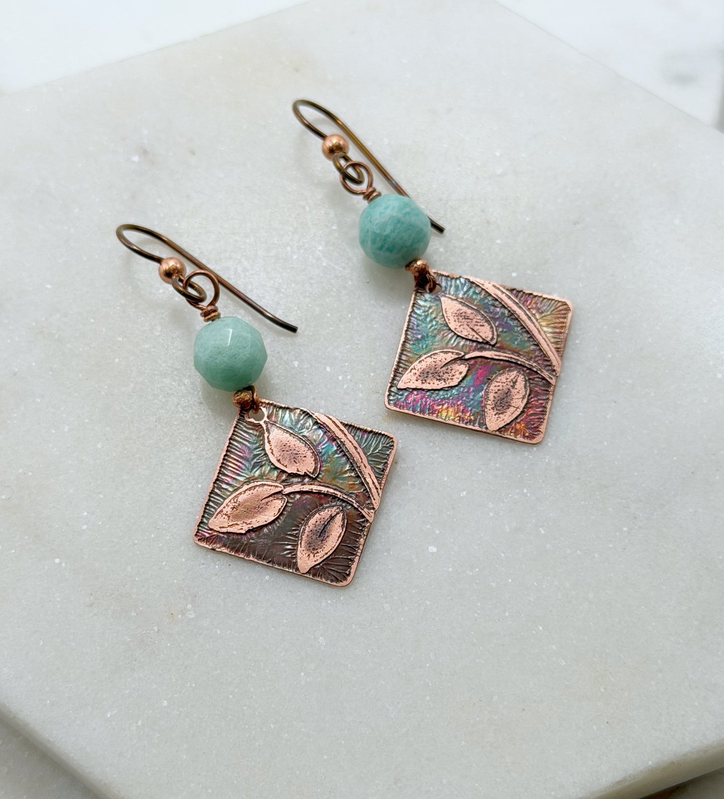 Amazonite & Acid-Etched Copper Earrings