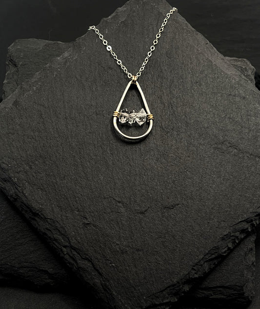 Handmade Sterling Silver Teardrop Necklace with 14k Gold and Herkimer Diamond