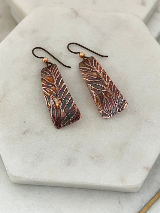 Acid etched copper irregular rectangle earrings