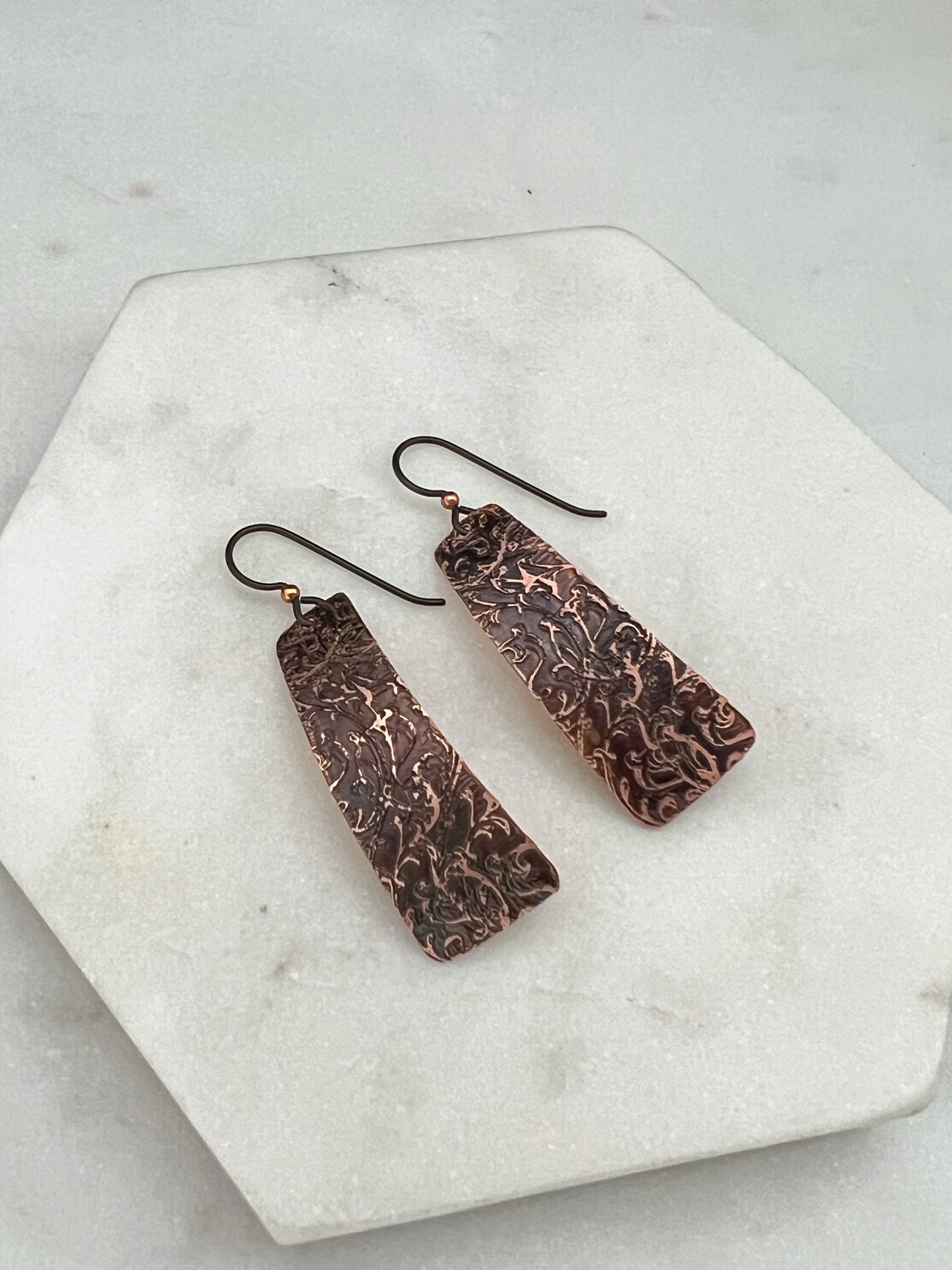 Acid etched copper irregular rectangle earrings