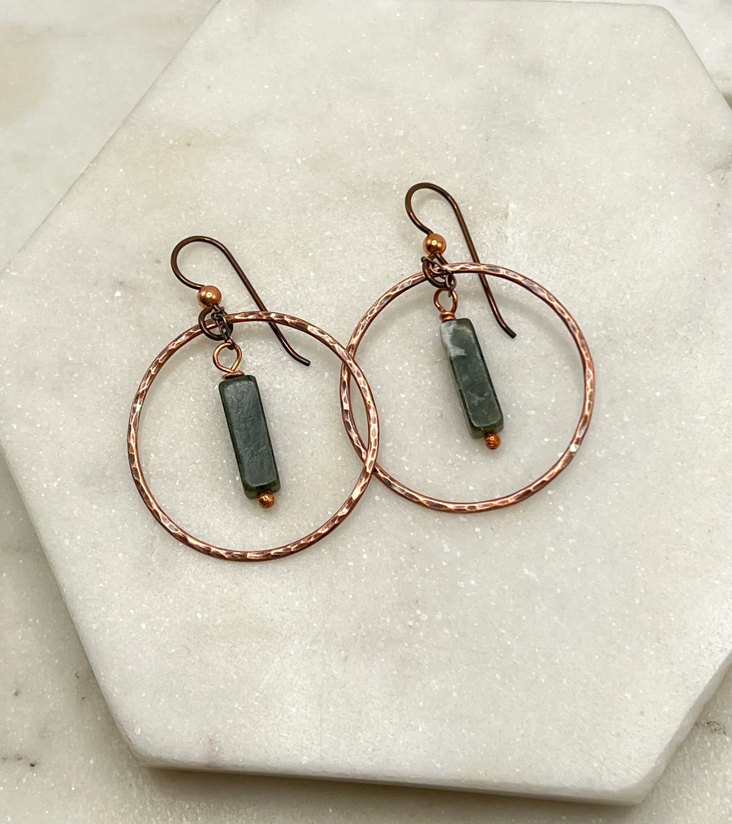 Copper hoops with serpentine jasper gemstones