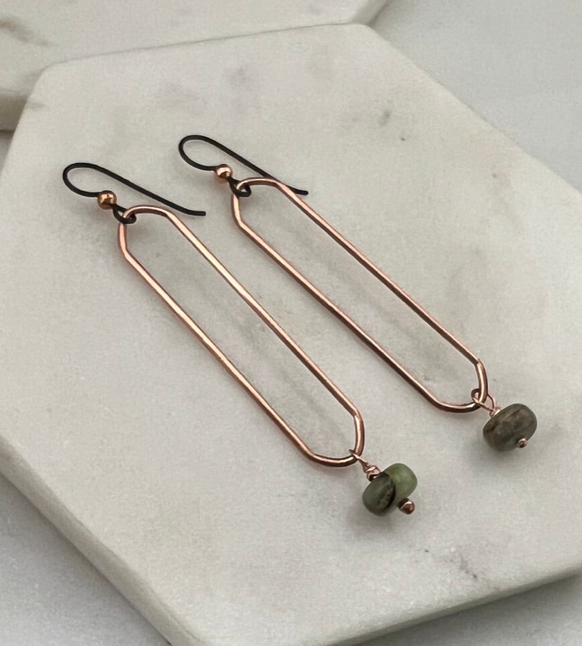 Copper oval hoops with serpentine jasper gemstones