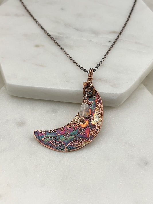 Acid etched copper crescent necklace with a moonstone gemstone
