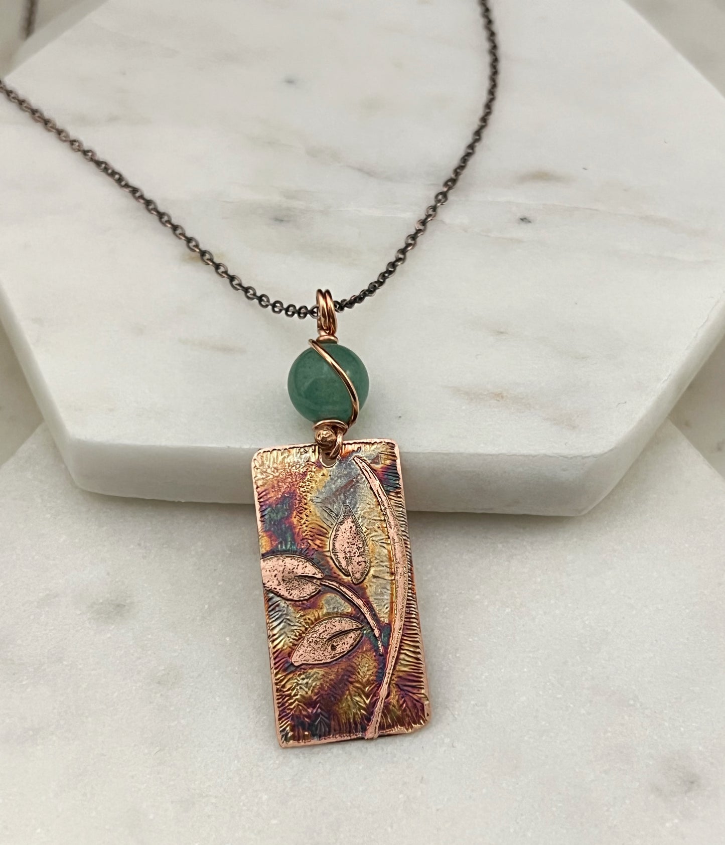 Acid etched copper leaf necklace with aventurine gemstone