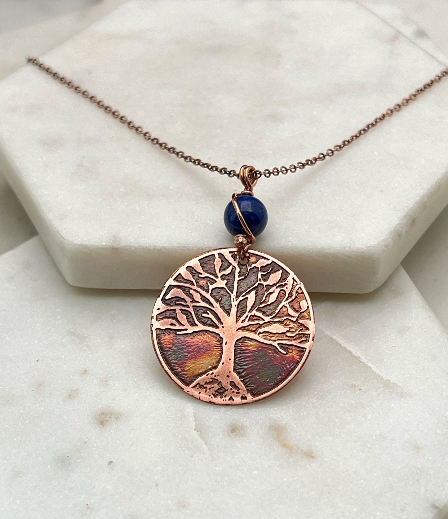 Copper and lapis rooted tree necklace