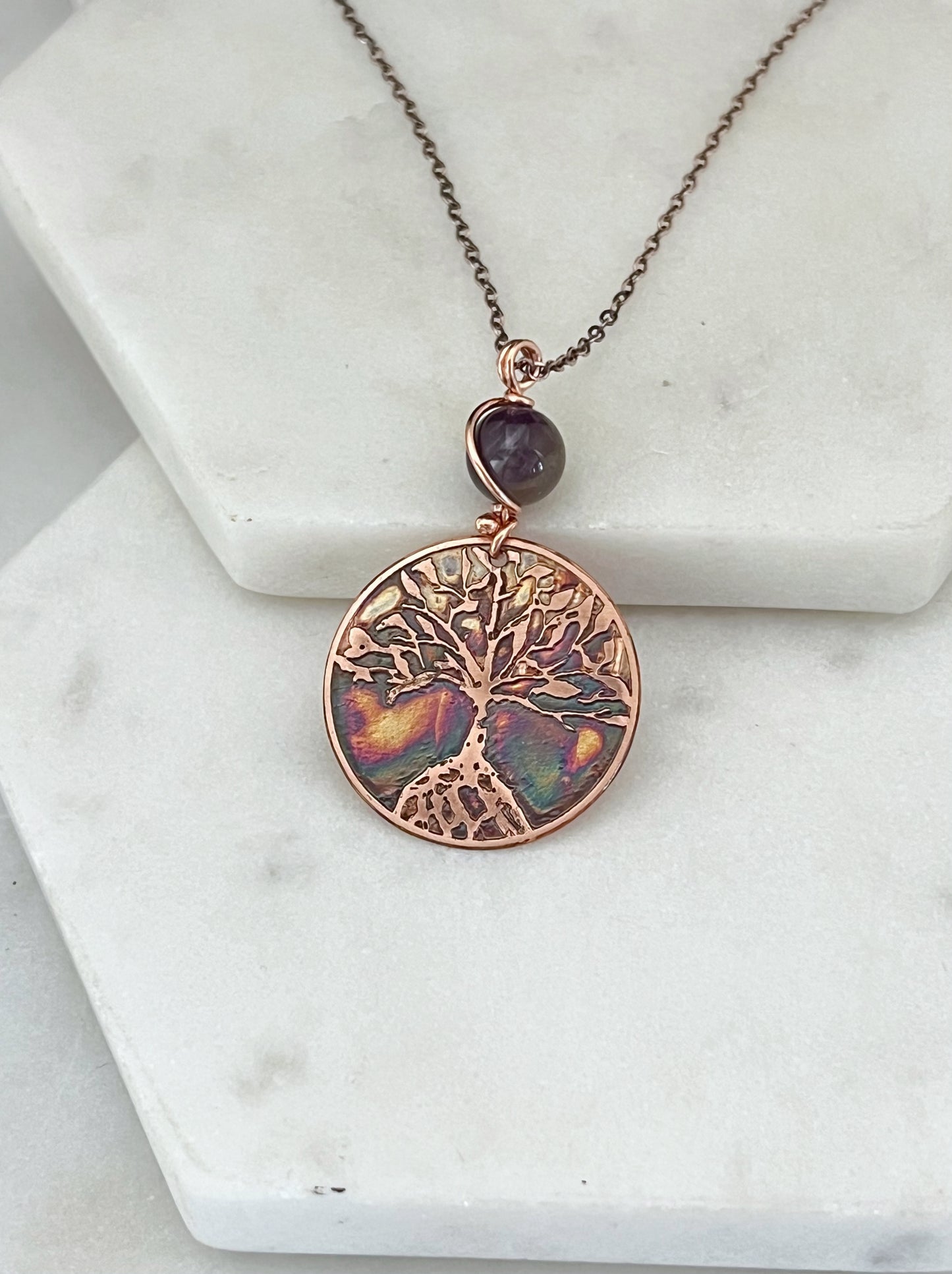 Acid etched copper tree necklace with amethyst gemstone