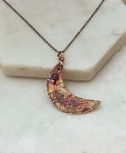Acid etched copper crescent necklace with amethyst gemstone
