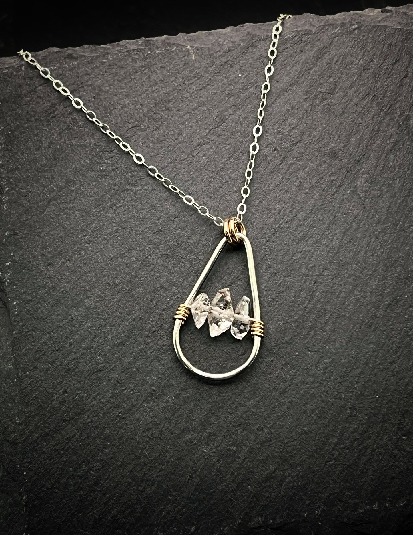 Handmade Sterling Silver Teardrop Necklace with 14k Gold and Herkimer Diamond