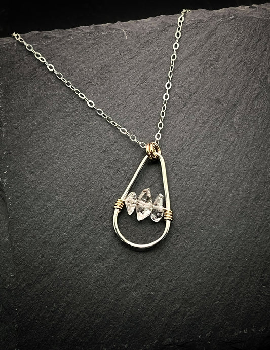 Handmade Sterling Silver Teardrop Necklace with 14k Gold and Herkimer Diamond