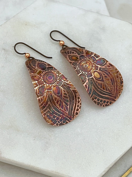 Large acid etched copper teardrop earrings