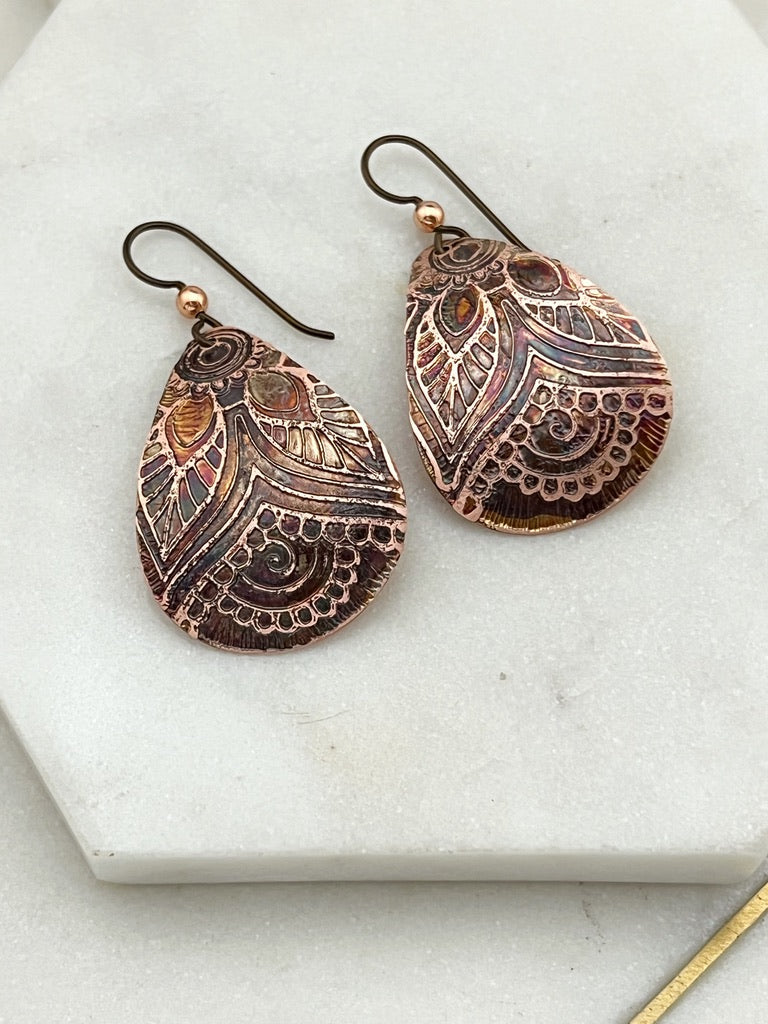 Acid etched copper medium teardrop earrings