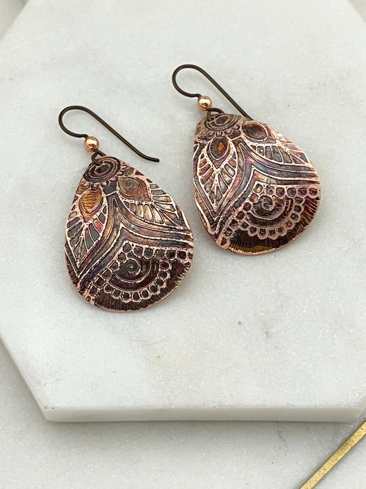 Acid etched copper medium teardrop earrings