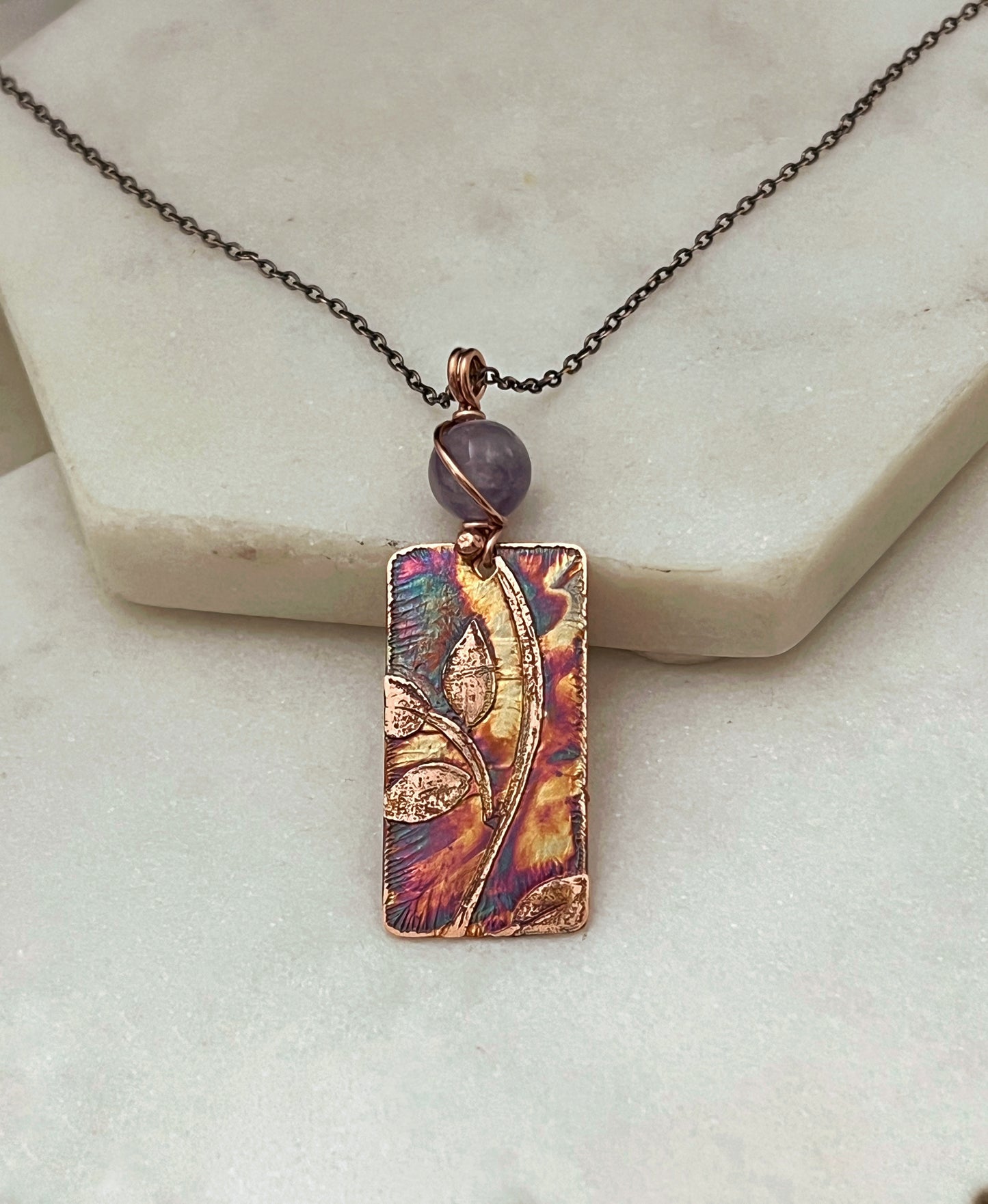 Acid etched copper leaf necklace with amethyst gemstone