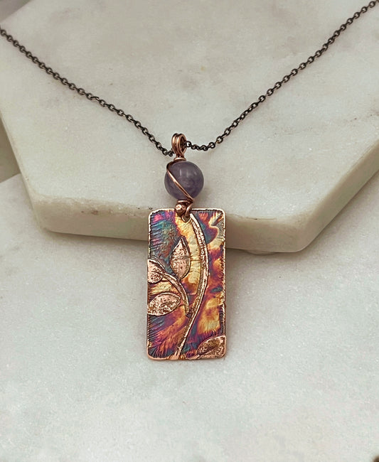 Acid etched copper leaf necklace with amethyst gemstone