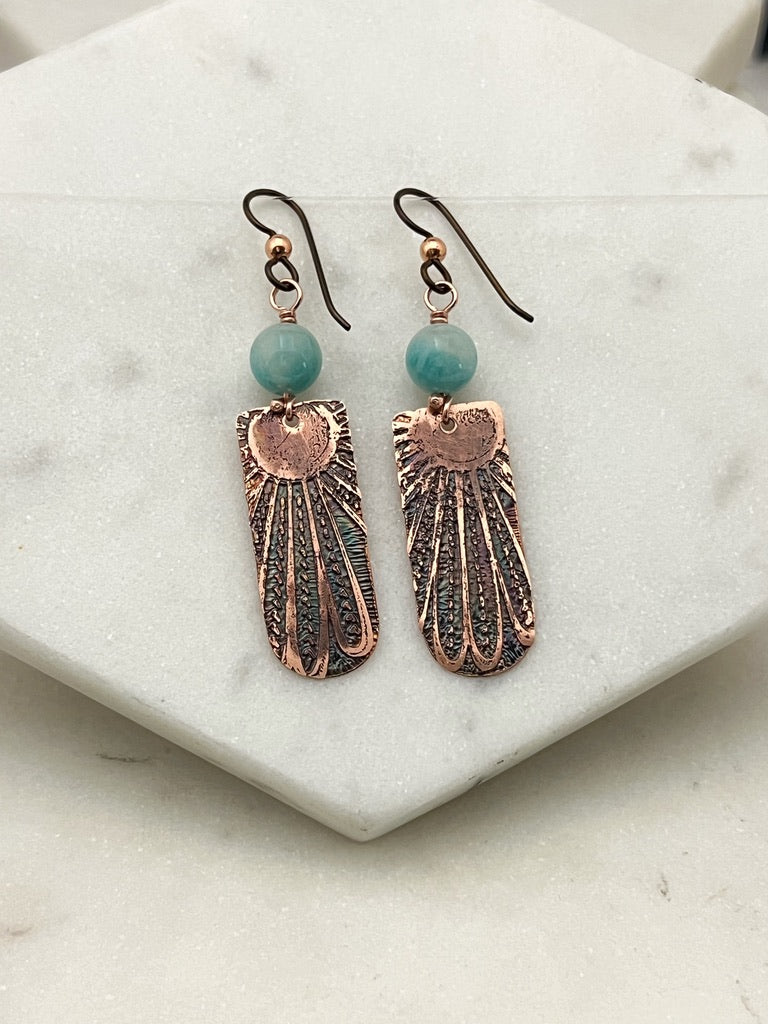 Acid etched copper earrings with amazonite gemstones