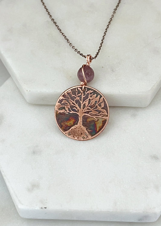 Acid etched copper tree necklace with lepidolite gemstone