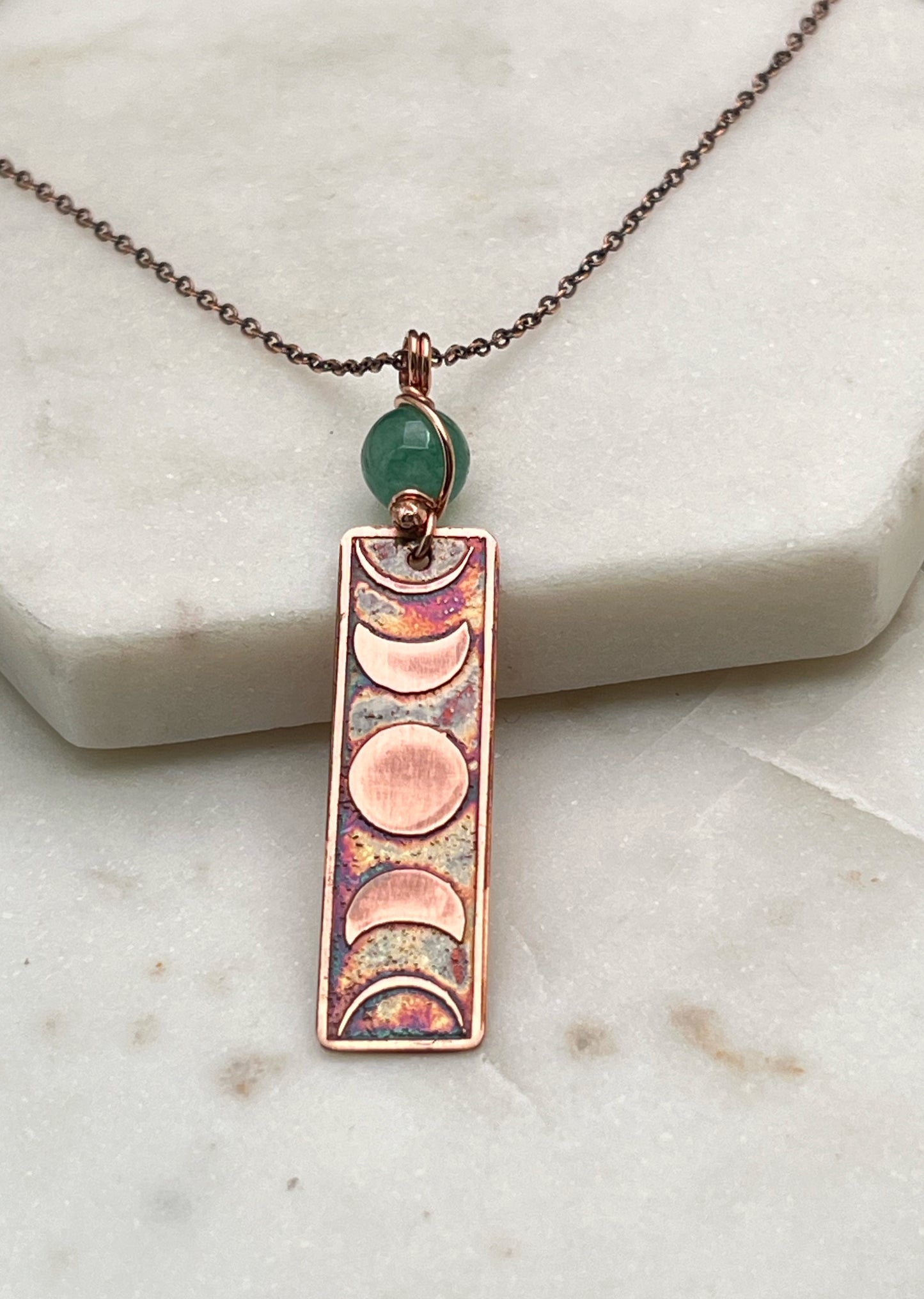 Moon phase acid etched copper necklace with aventurine gemstone
