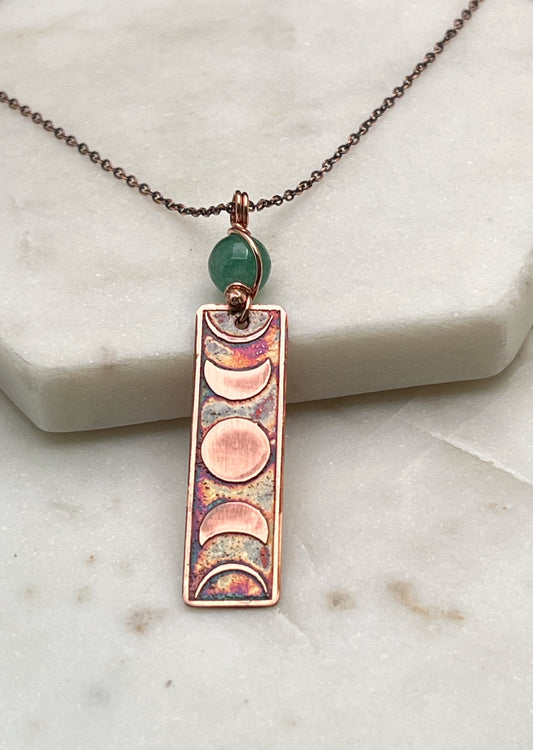 Moon phase acid etched copper necklace with aventurine gemstone