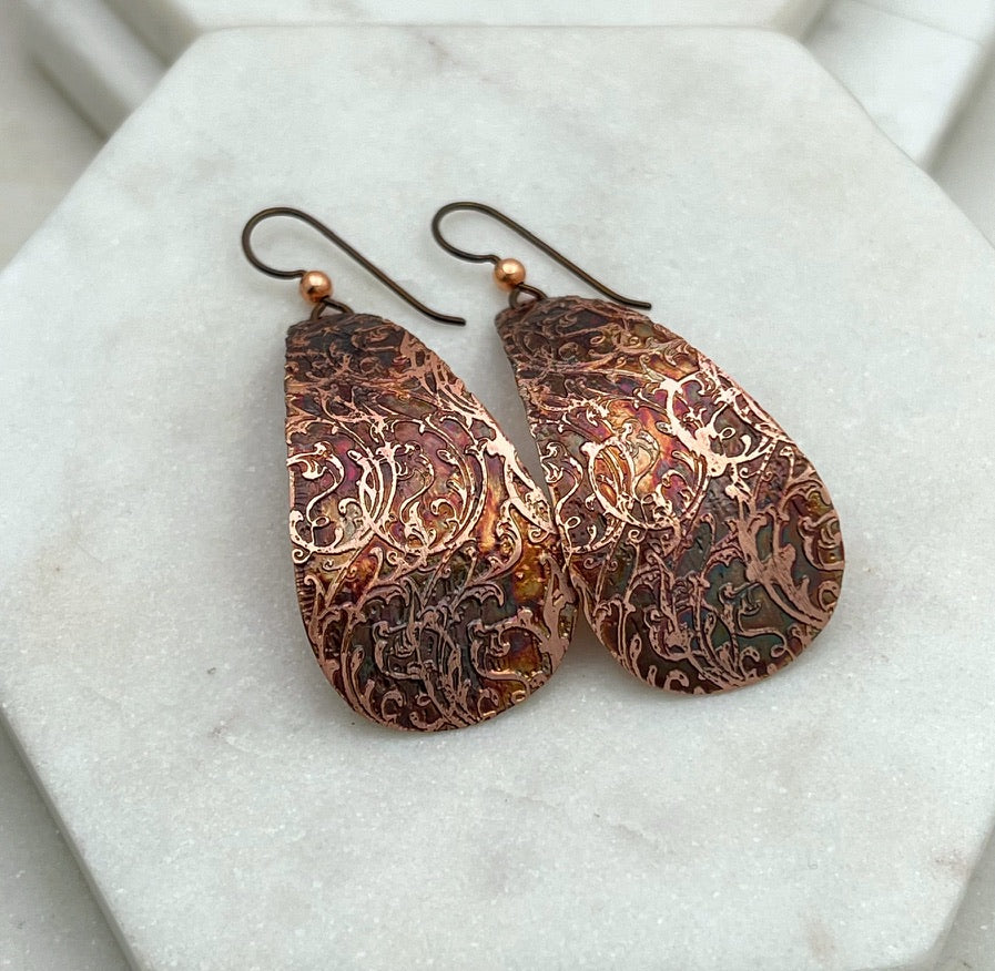 Large acid etched copper teardrop earrings