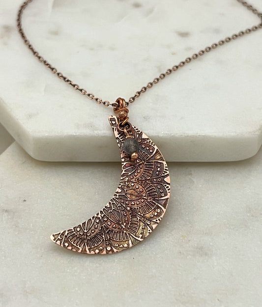Acid etched copper crescent necklace with labradorite gemstone