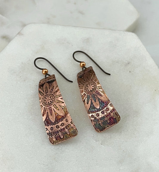 Acid etched copper irregular rectangle earrings