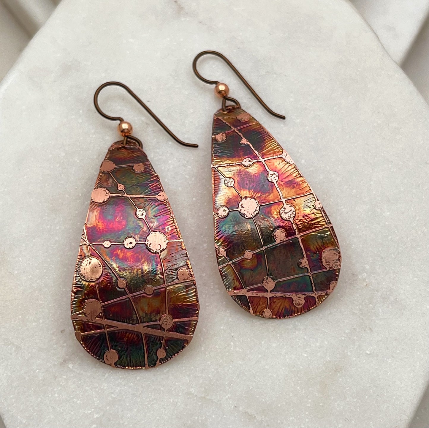 Large acid etched copper teardrop earrings