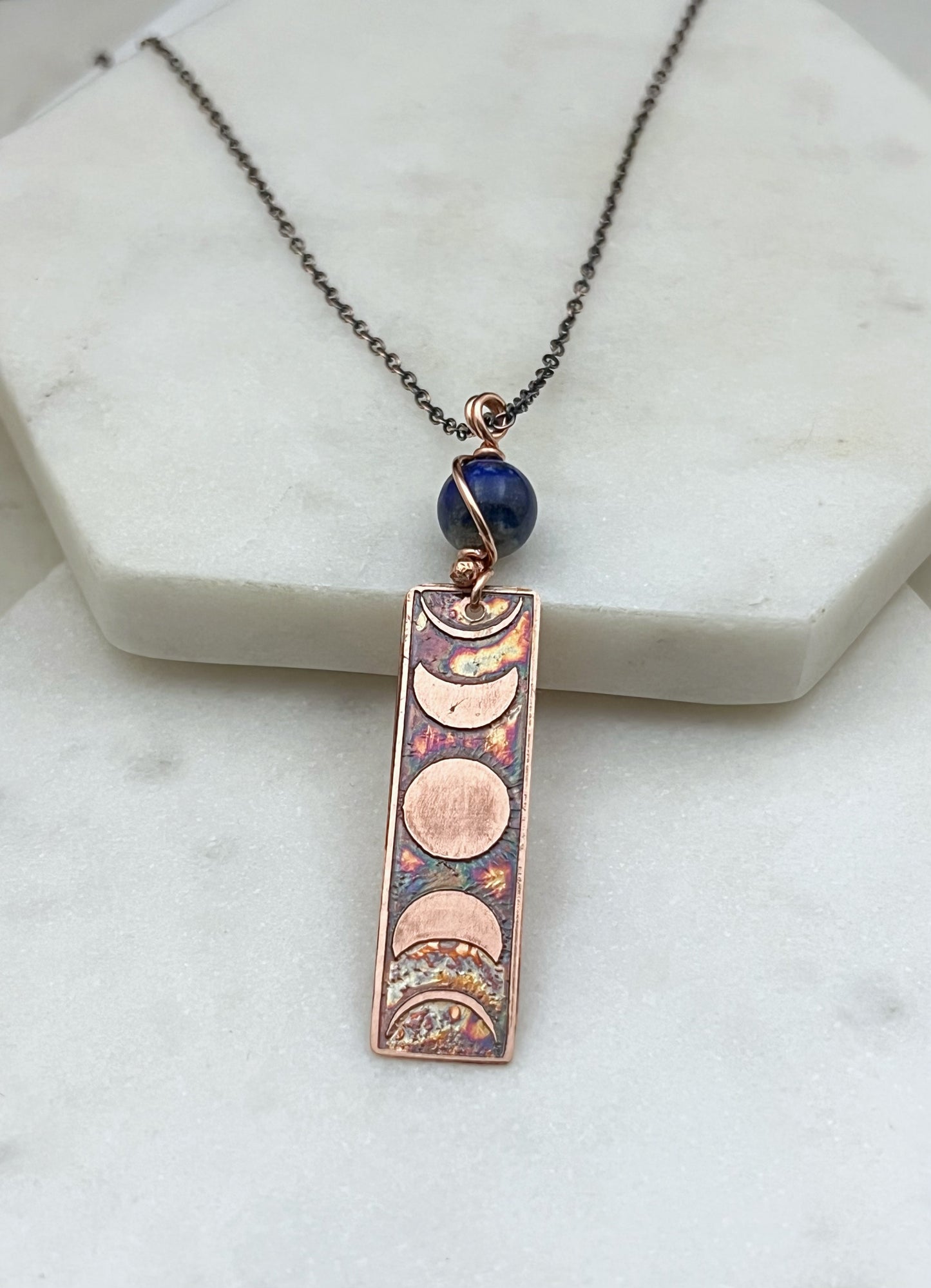 Moon phase acid etched copper necklace with lapis gemstone