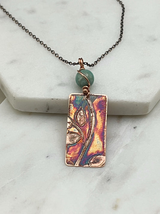 Acid etched copper leaf necklace with amazonite gemstone