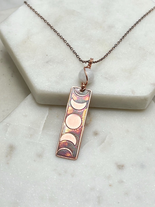 Moon phase acid etched copper necklace with moonstone gemstone
