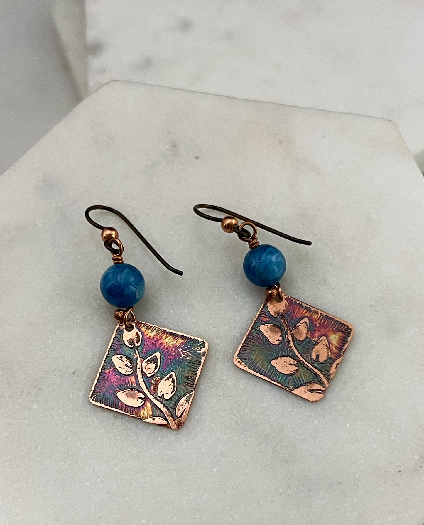 Acid etched copper earrings with apatite gemstones