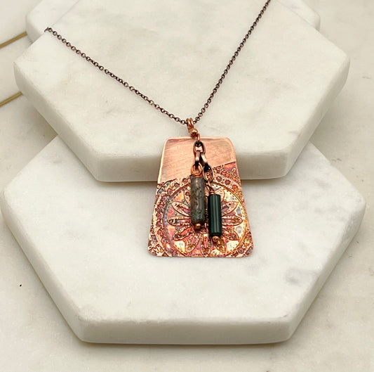 Acid etched copper necklace with moss agate gemstones