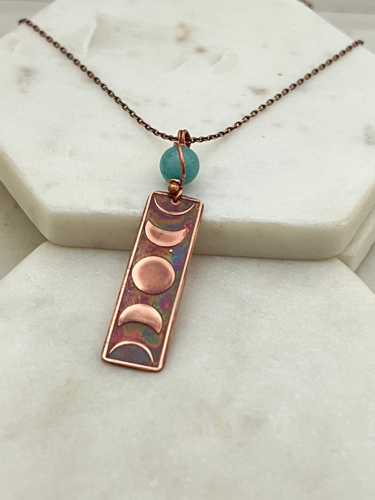 Moon phase acid etched copper necklace with amazonite gemstone