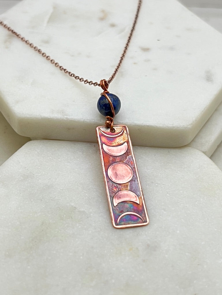 Moon phase acid etched copper necklace with lapis gemstone